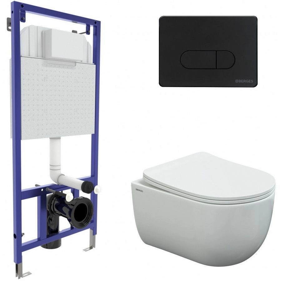 Комплект Berges Novum525, кнопка D3 черная Soft Touch, унитаз Ventas Rimless, сиденье Ventas Slim, 043238