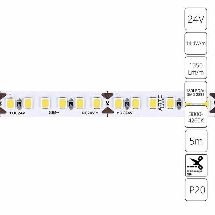 Светодиодная лента 24V 14.4W/m 4000К 5м Arte Lamp Tape, A2418008-02-4K