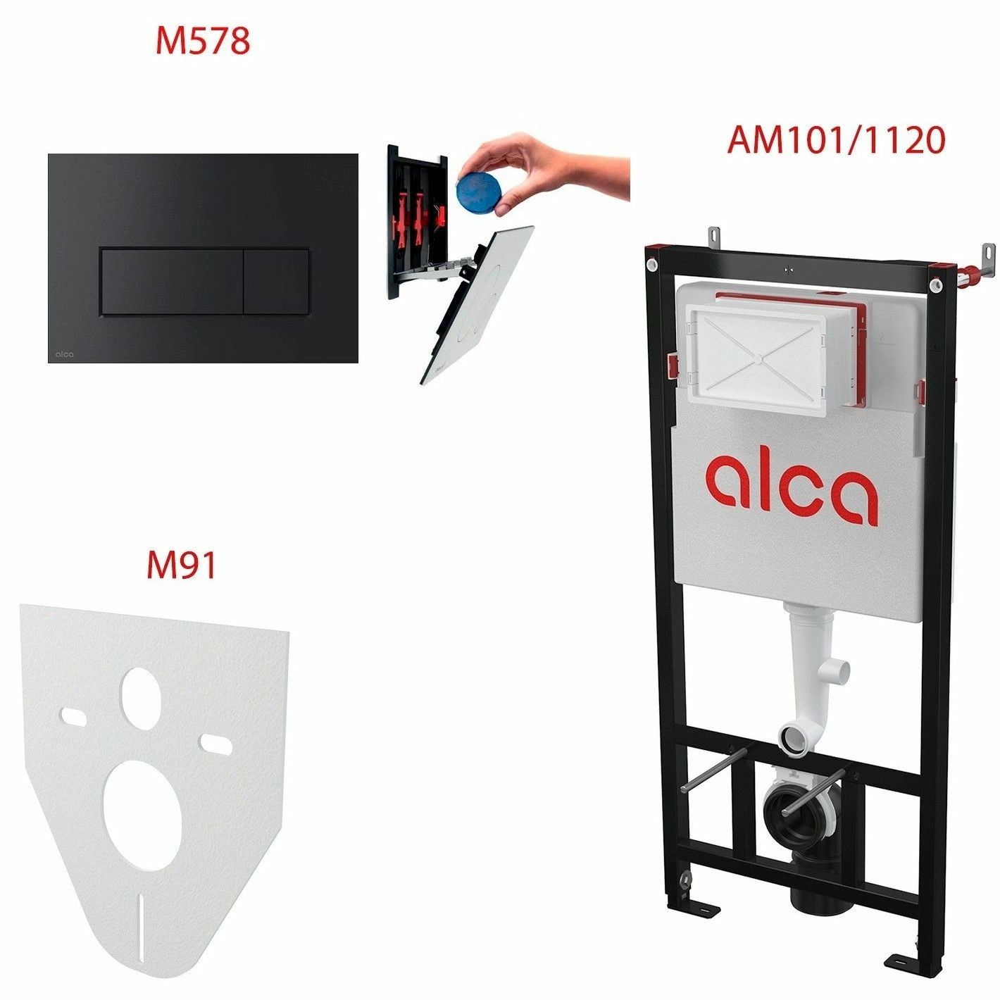Сет 4 в 1 система инсталляции AlcaPlast AM101/1120+M578+M91 (кнопка черная матовая), AM101/1120-4:1RUM578-0001