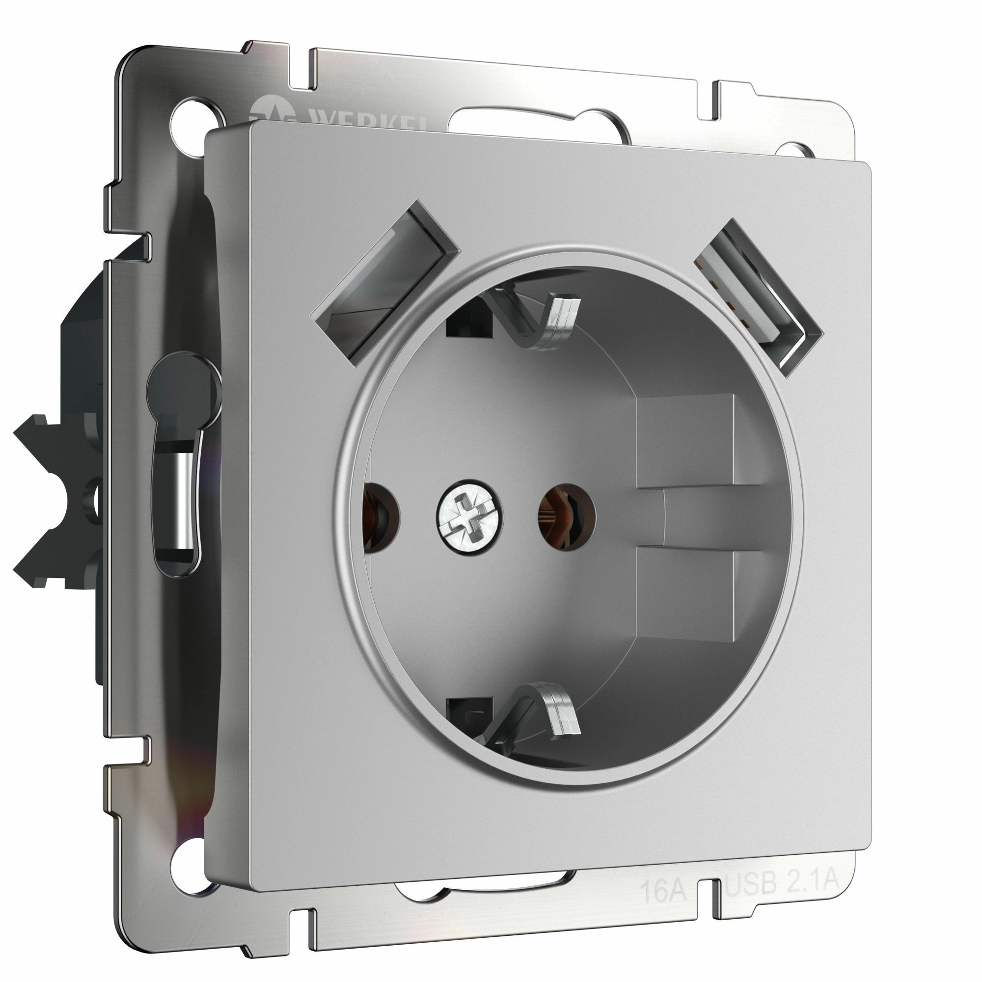 Розетка с заземлением, шторками и USBx2 Werkel W1171506 (серебряный)