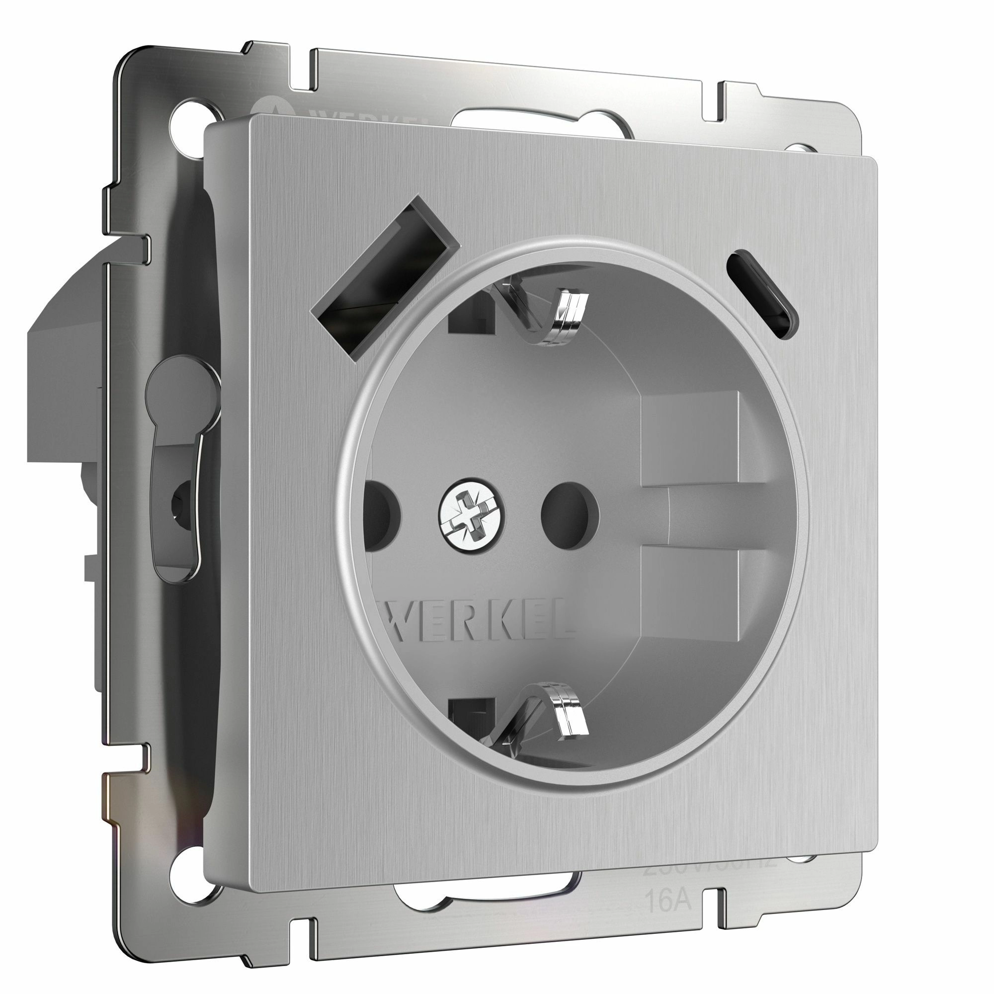 Розетка с заземлением, шторками и USB тип A+C Werkel W1171709 (серебряный рифленый)
