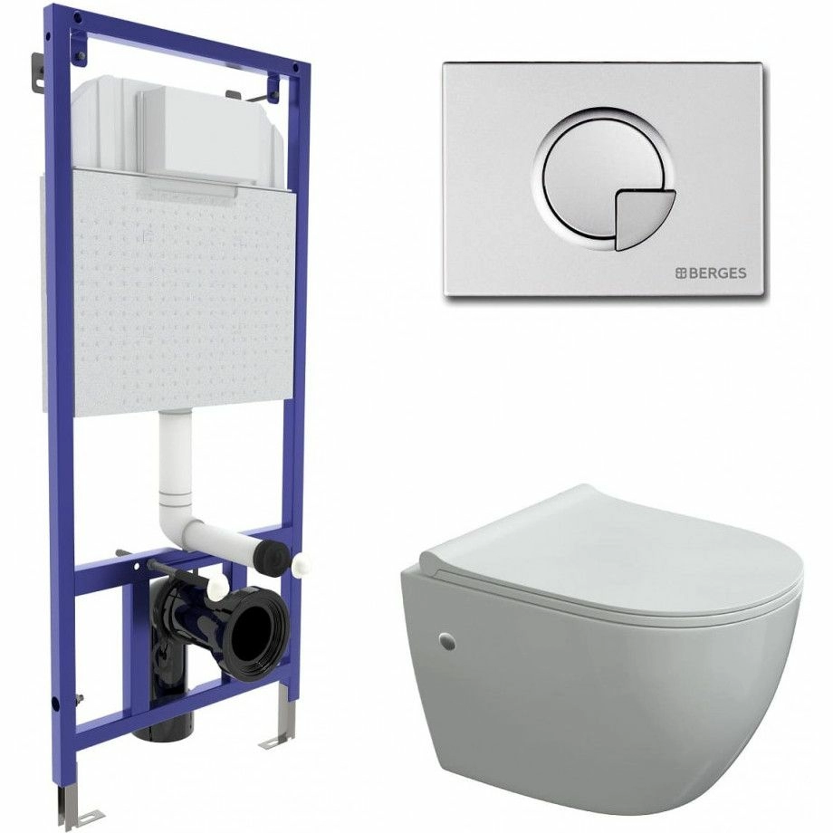 Комплект Berges Novum525, кнопка R2 хром матовый, унитаз Okus, сиденье Toma Slim, 043276