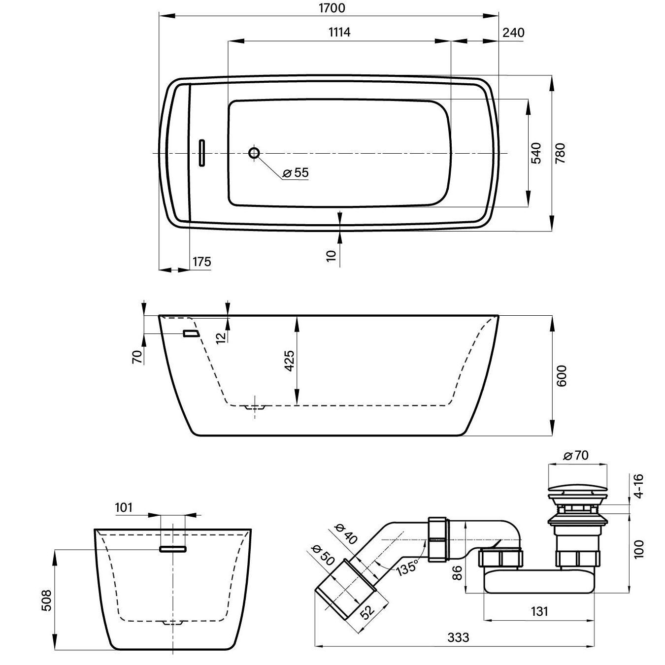 Отдельностоящая акриловая ванна Wellsee Ideal 170x78