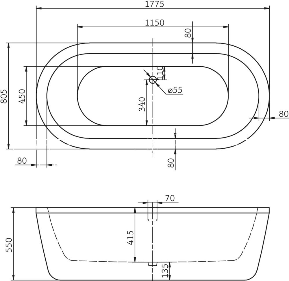 Отдельностоящая овальная акриловая ванна Belbagno 177x80, BB12-1775